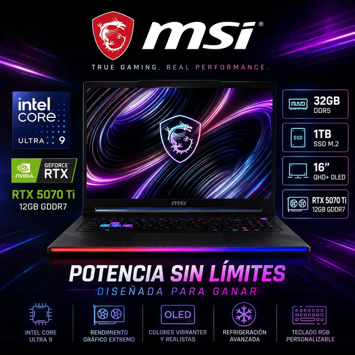 Msi - Laptop MSI Raider 16 Max HX Core Ultra 9 290HX Plus, RTX 5070 TI 12GB, 32GB RAM, 1TB SSD, 16" OLED