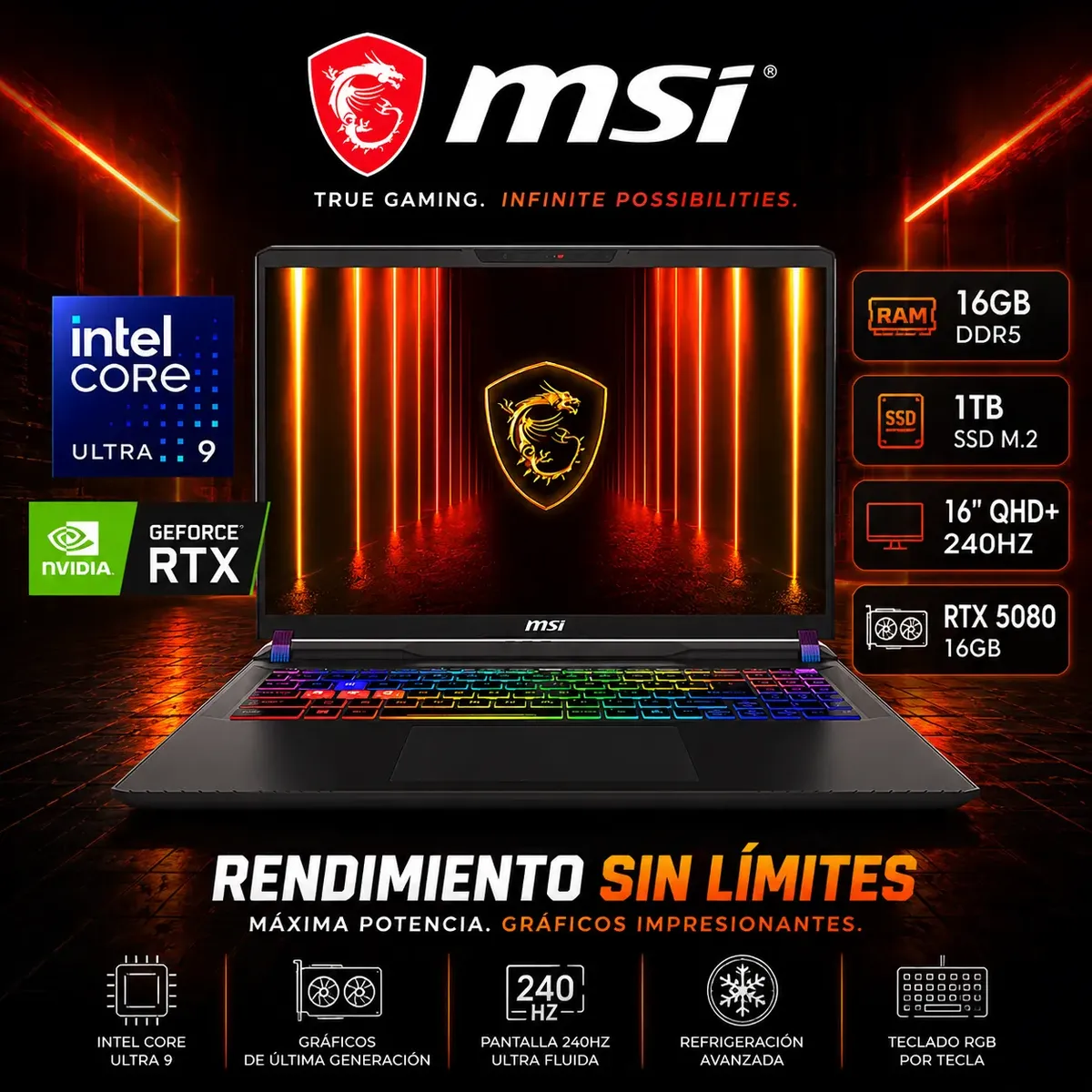 Msi - Laptop MSI Vector 16 HX Core Ultra 9 275HX, RTX 5080 16GB, 16GB RAM, 1TB SSD, 16" WQXGA, Windows 11.