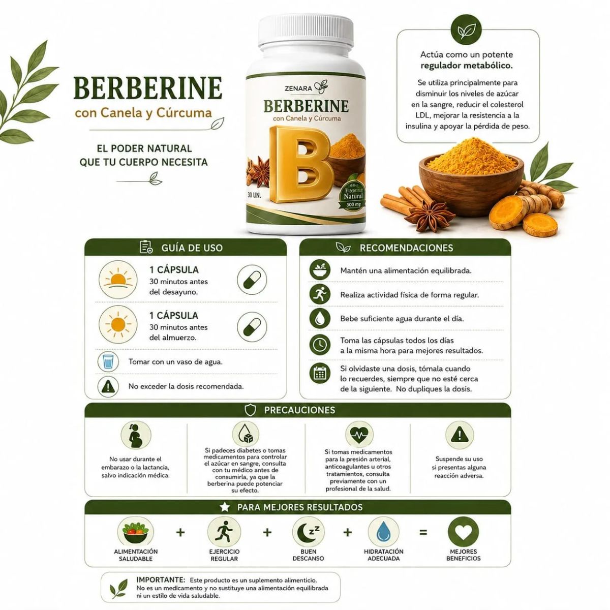 GENERICO - 3 x Berberina Berberine con Canela y Curcuma - Equilibrio de la Glucosa y Prevencion de la Diabetes