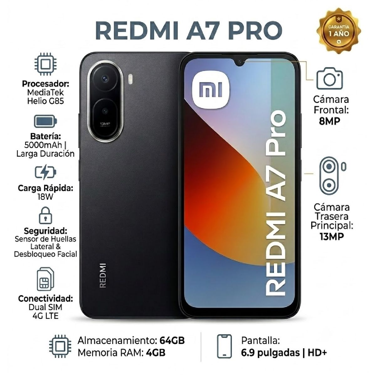 XIAOMI - Celular Xiaomi Redmi A7 Pro 64GB 4GB RAM - Negro