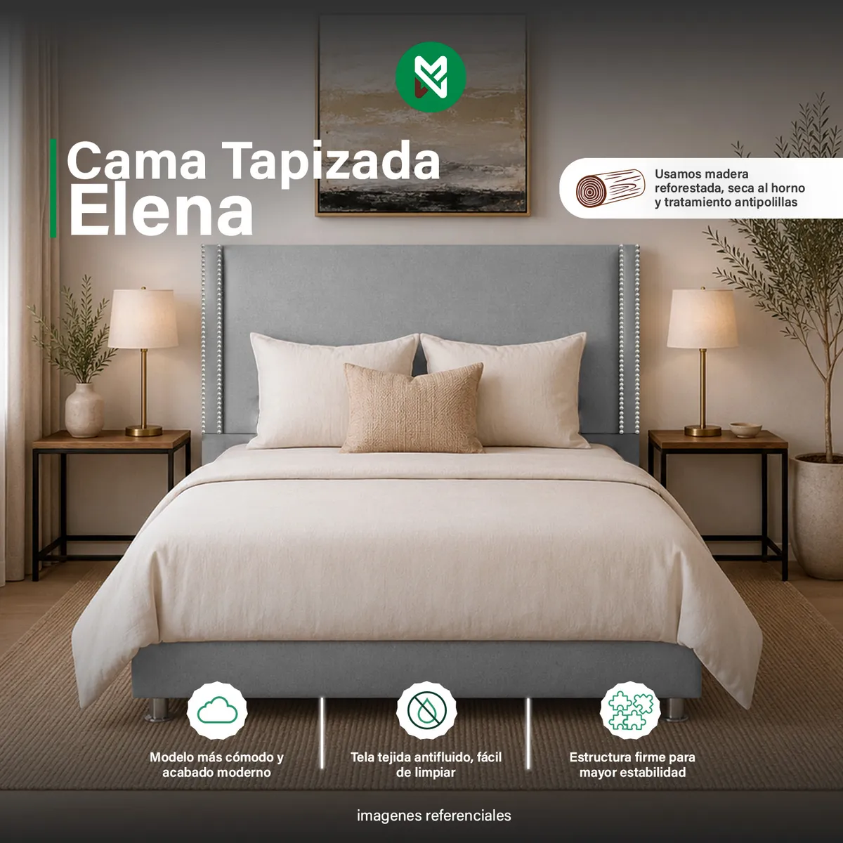 MUEBLES MACRUMO - Cama tapizada Elena - 1.5 plz - Gris Claro