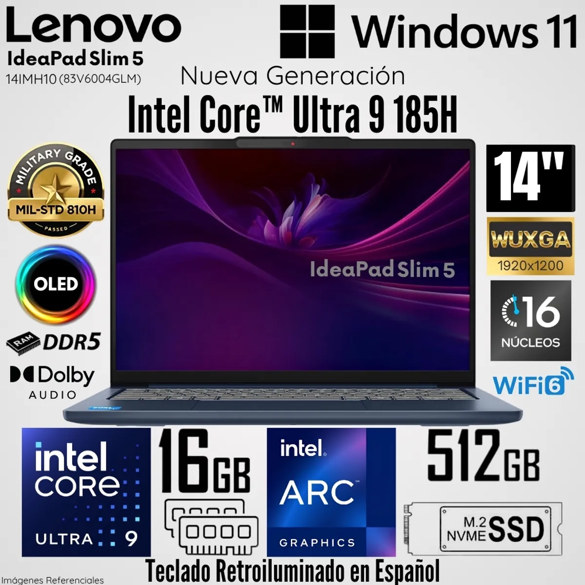 LENOVO - Laptop Lenovo IdeaPad Slim 5 14IMH10 Intel Core Ultra 9 185H 16GB RAM 512GB SSD 14"  OLED WUXGA
