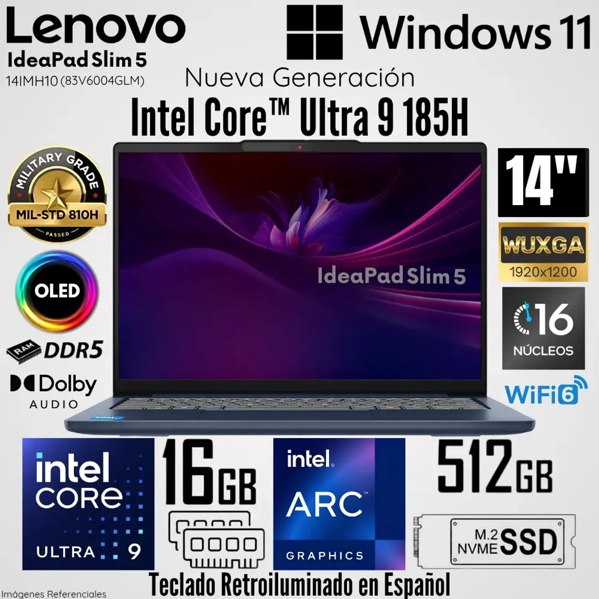 LENOVO - Laptop Lenovo IdeaPad Slim 5 14IMH10 Intel Core Ultra 9 185H 16GB RAM 512GB SSD 14"  OLED WUXGA