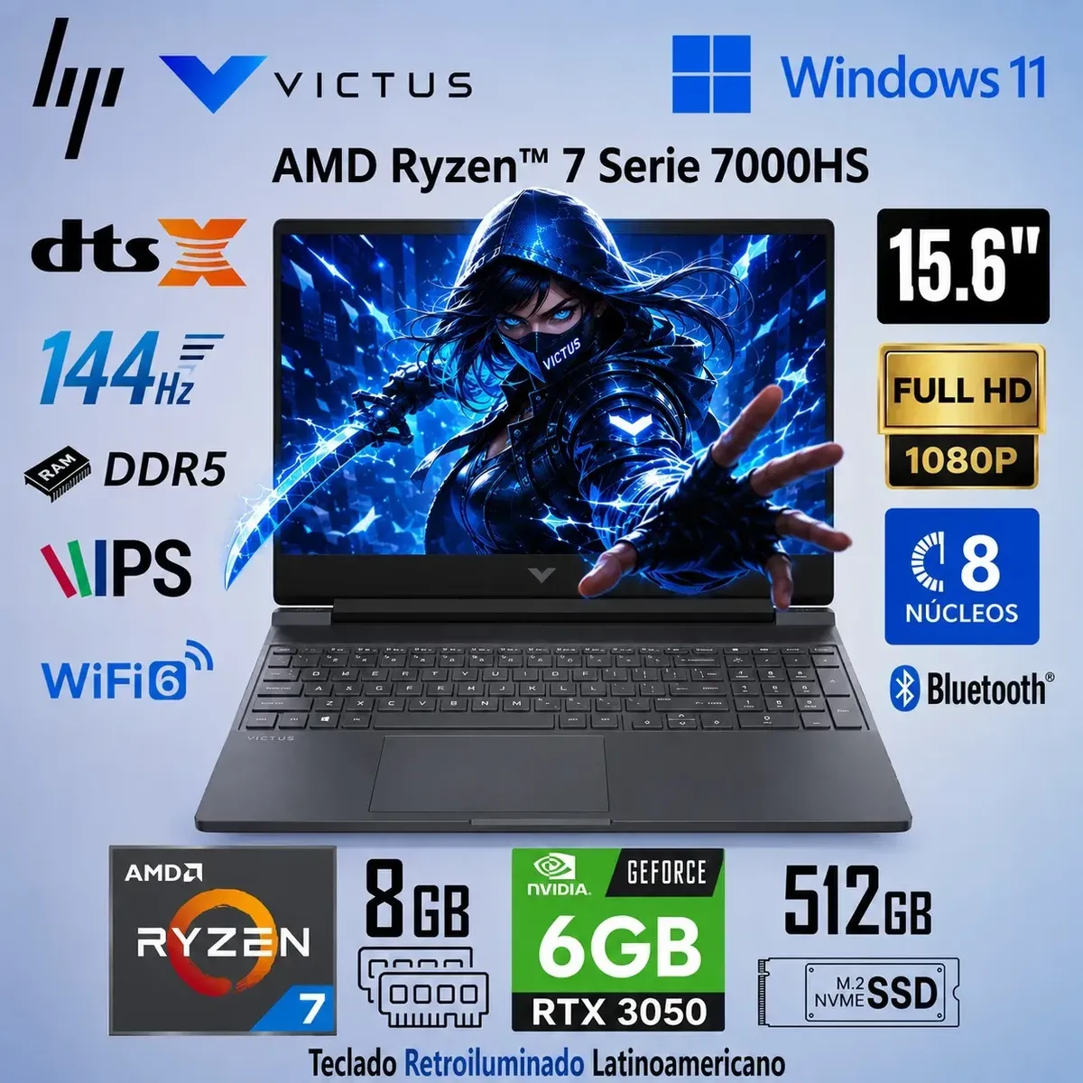 HP - Laptop HP Victus 15-FB3018LA AMD Ryzen 7 7445H 8GB RAM 512GB SSD RTX 3050 15.6" FHD - 144Hz