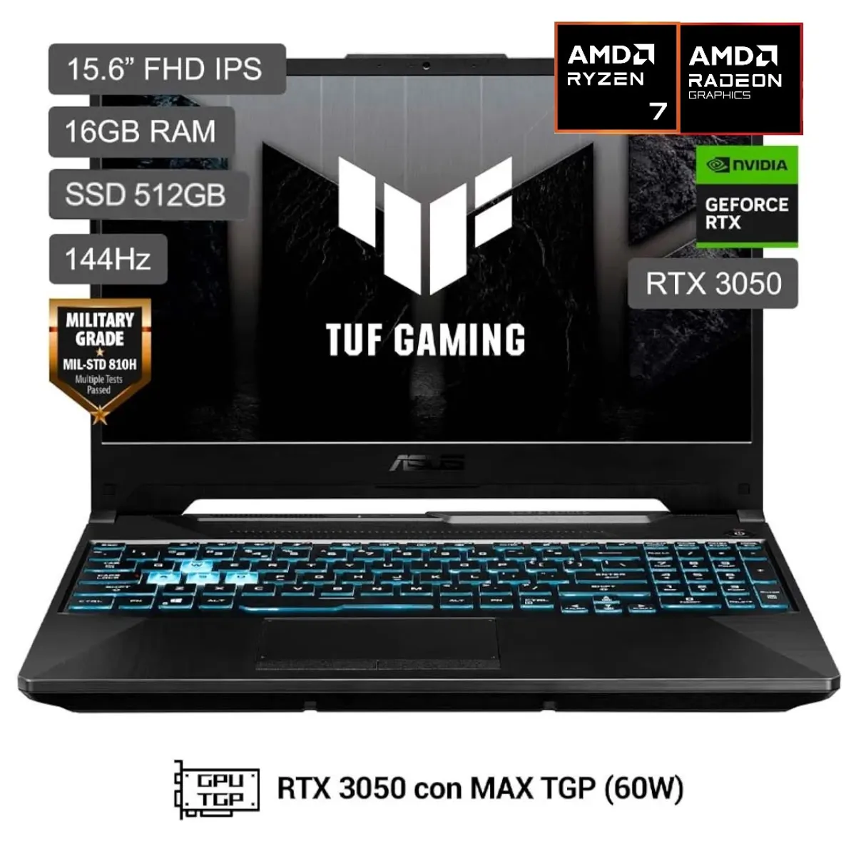 ASUS - Laptop Gamer Asus TUF Gaming A15 AMD RYZEN 7 16GB 512GB SSD NVIDIA RTX3050 Win11
