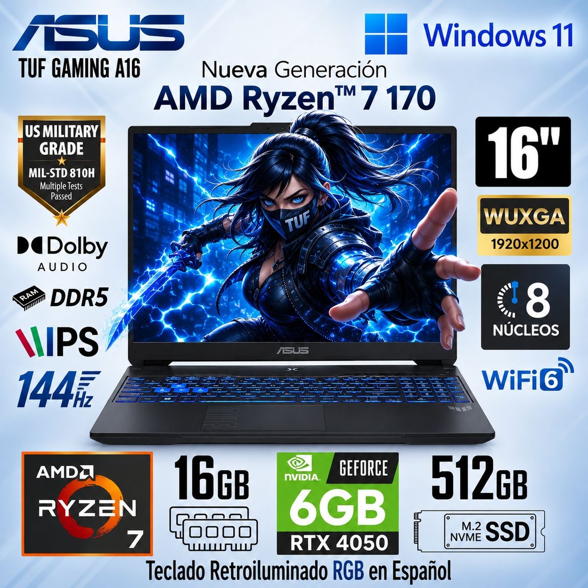 ASUS - Laptop Asus TUF Gaming FA607NUQ-RL013W AMD Ryzen 7 170 16GB RAM 512GB SSD RTX 4050-6GB 16" WUXGA