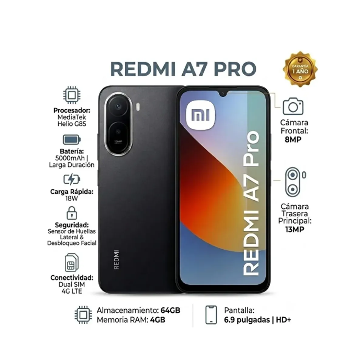 Celular Xiaomi Redmi A7 Pro 64GB 4GB RAM - Negro, marca XIAOMI - Foto Principal