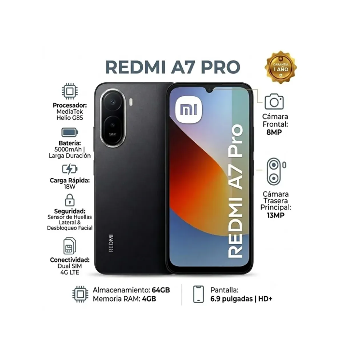 Celular Xiaomi Redmi A7 Pro 64GB 4GB RAM - Negro, marca XIAOMI - Foto Principal