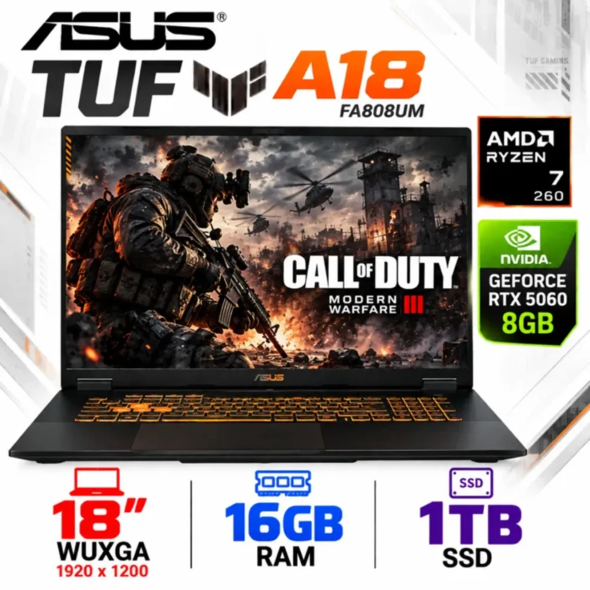 ASUS - Asus TUF A18 FA808UM-IS74 Ryzen 7-260, 16GB RAM, 1TB SSD, RTX 5060 8GB, 18″ WUXGA, Windows 11.