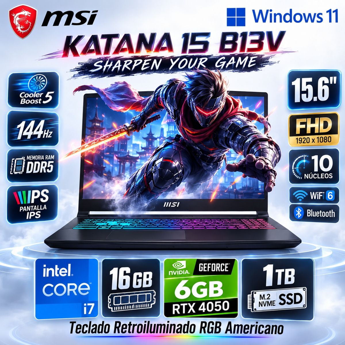 Msi - Laptop Msi Katana  Intel Core i7-13620H 16GB RAM 1TB RTX 4050-6GB 15.6"  B13VEK-1675US