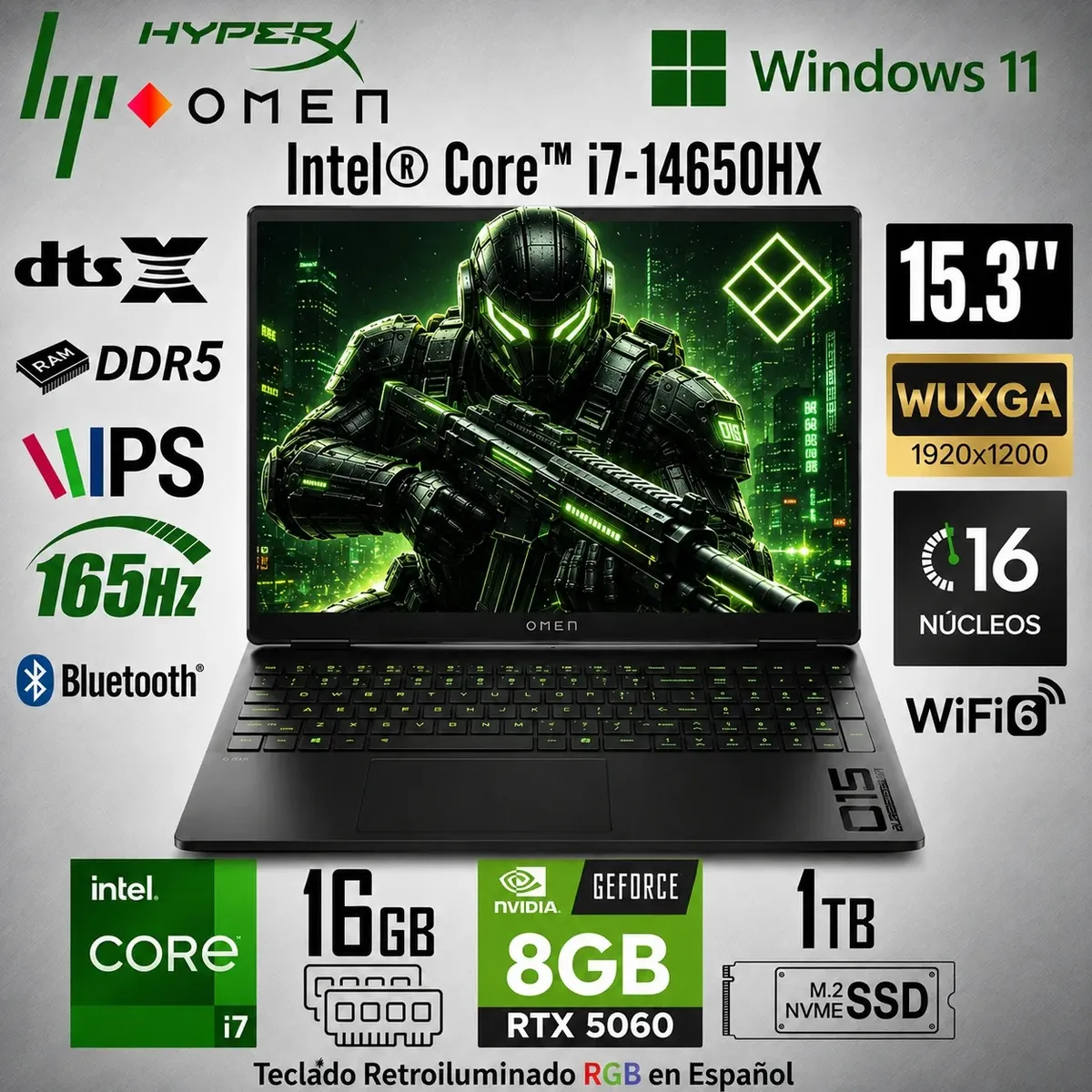 HP - Laptop HP HyperX Omen 15-GA0001LA Intel Core i7-14650HX 16GB RAM 1TB SSD RTX 5060-8GB 15.3 WUXGA
