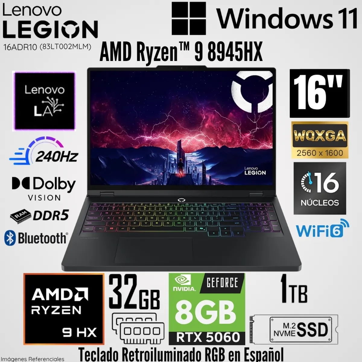 LENOVO - Laptop Lenovo Legion Pro 5 16ADR10 AMD Ryzen 9 8945HX 32GB RAM 1TB SSD RTX 5060-8GB 16"  WQXGA 240 Hz