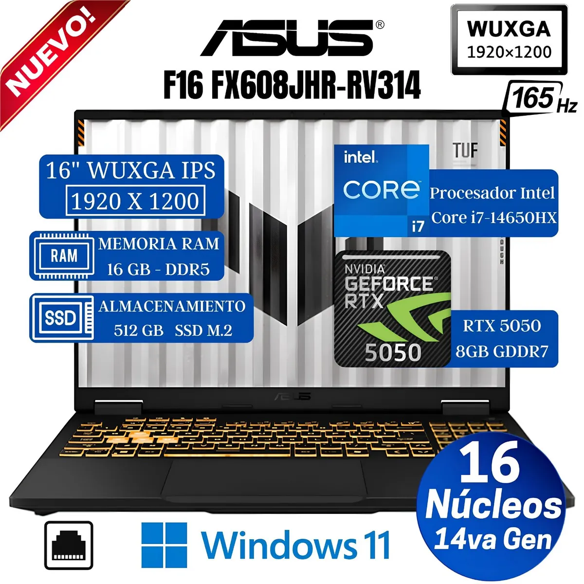 ASUS - Laptop Notebook ASUS TUF Gaming F16 Intel® Core™ i7-14650HX 16GB RAM 512G SSD RTX™ 5050 FX608JHR-RV314