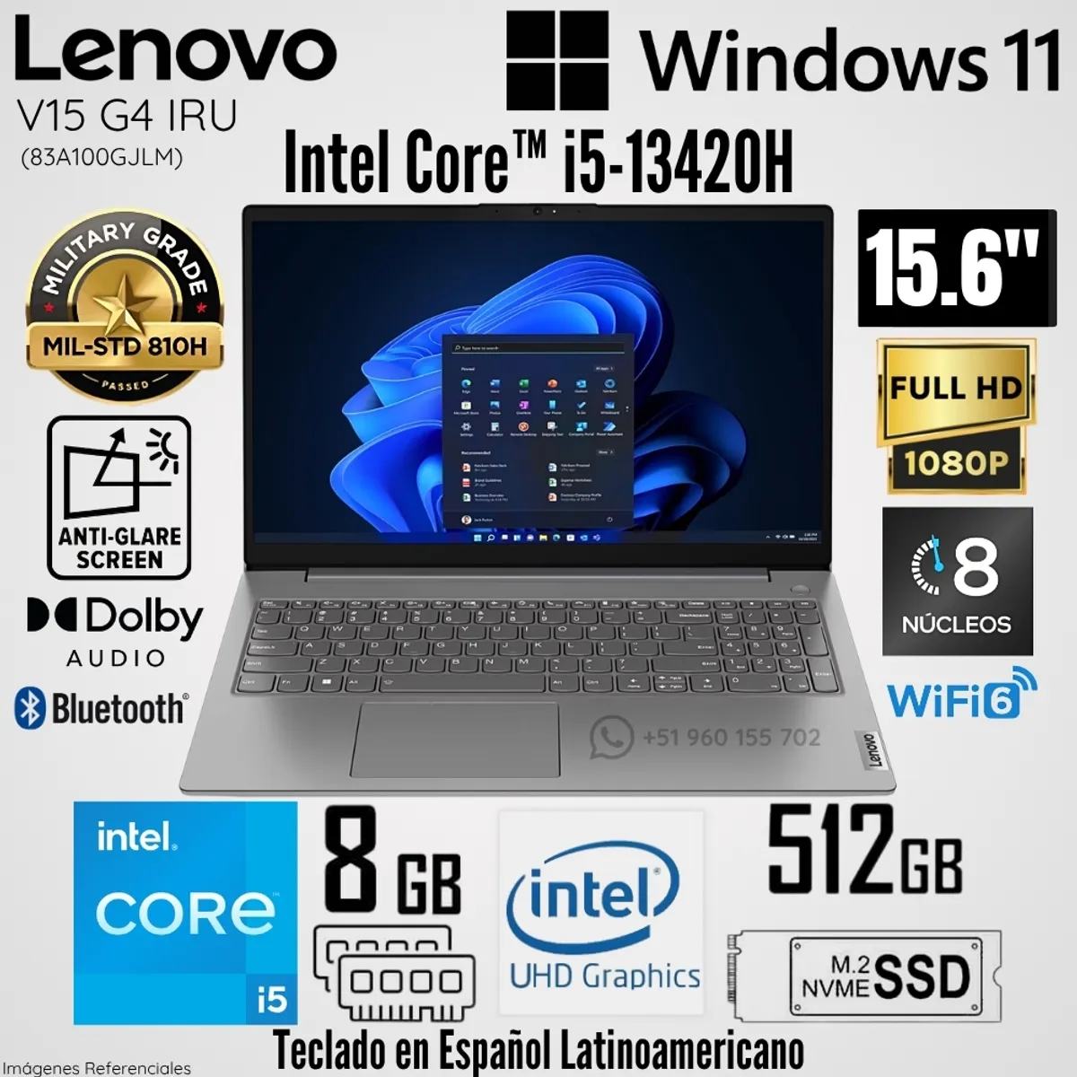 LENOVO - Laptop Lenovo V15 G4 IRU Intel Core i5-13420H 8GB RAM 512GB SSD 15.6"  FHD Iron Grey - 83A100GJLM