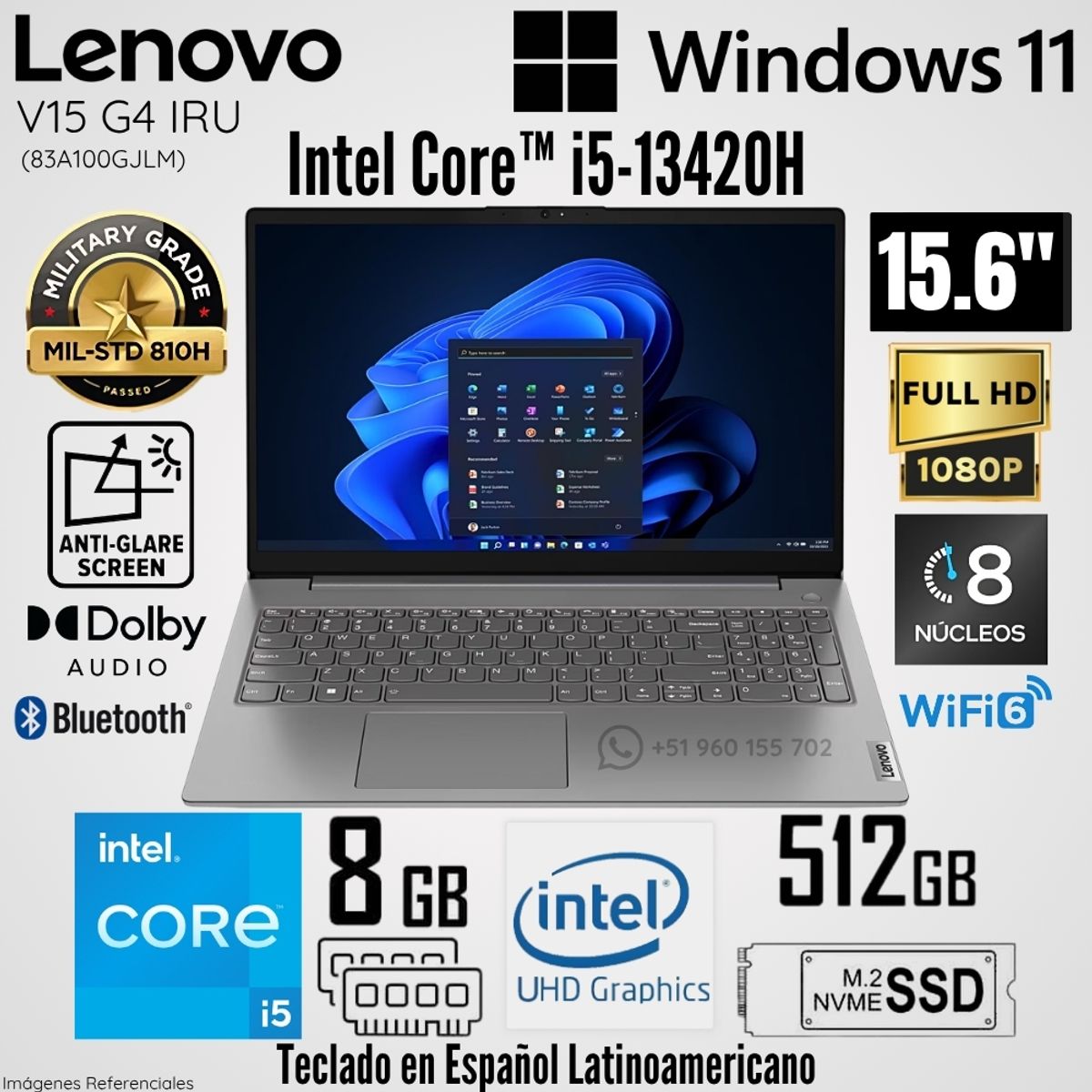 LENOVO - Laptop Lenovo V15 G4 IRU Intel Core i5-13420H 8GB RAM 512GB SSD 15.6"  FHD Iron Grey - 83A100GJLM
