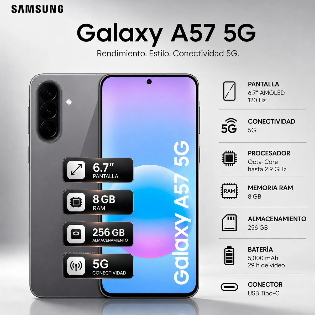 SAMSUNG GALAXY A57 5G  8GB 256GB REGISTRADO GRIS, marca SAMSUNG - Foto Principal