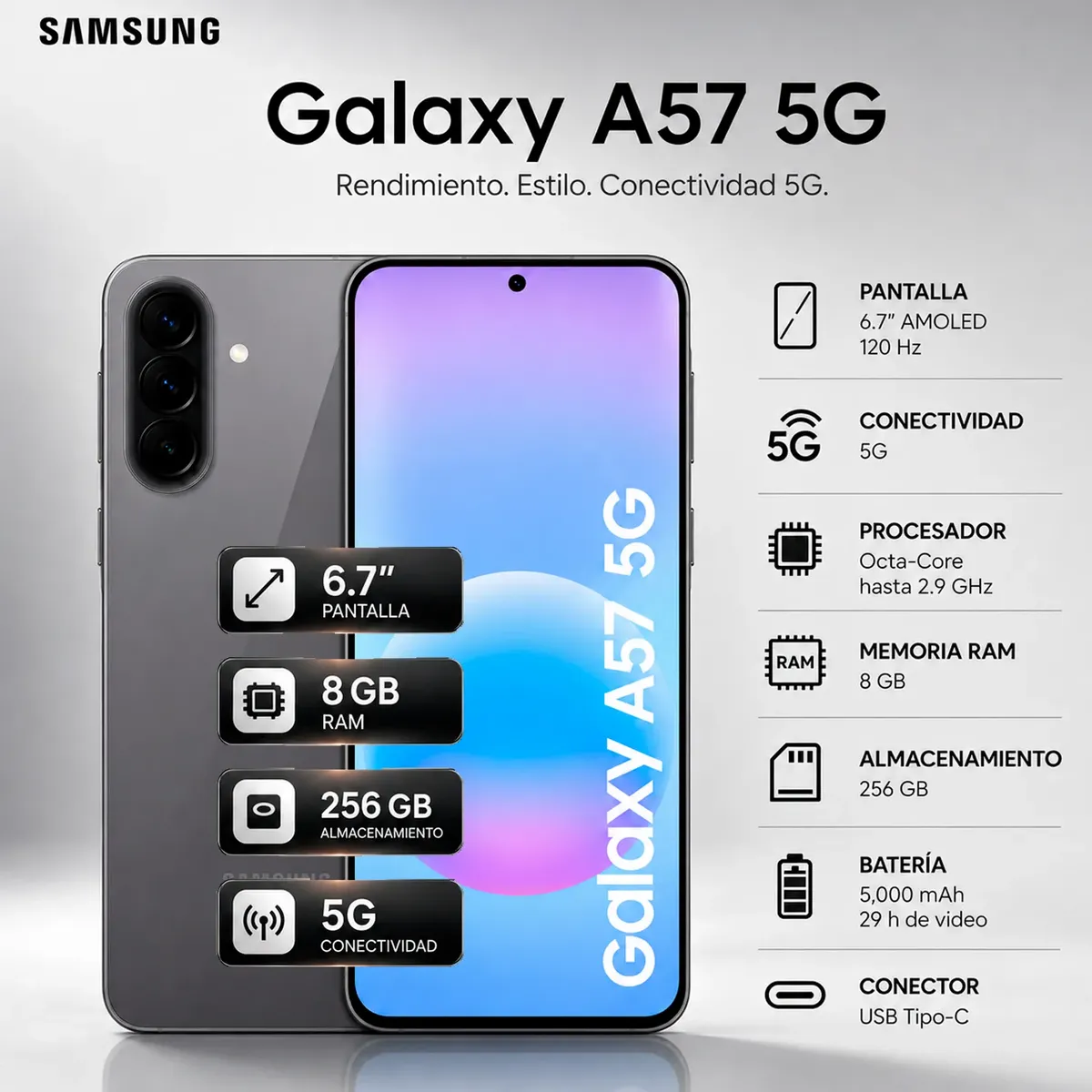 SAMSUNG GALAXY A57 5G  8GB 256GB REGISTRADO GRIS, marca SAMSUNG - Foto Principal