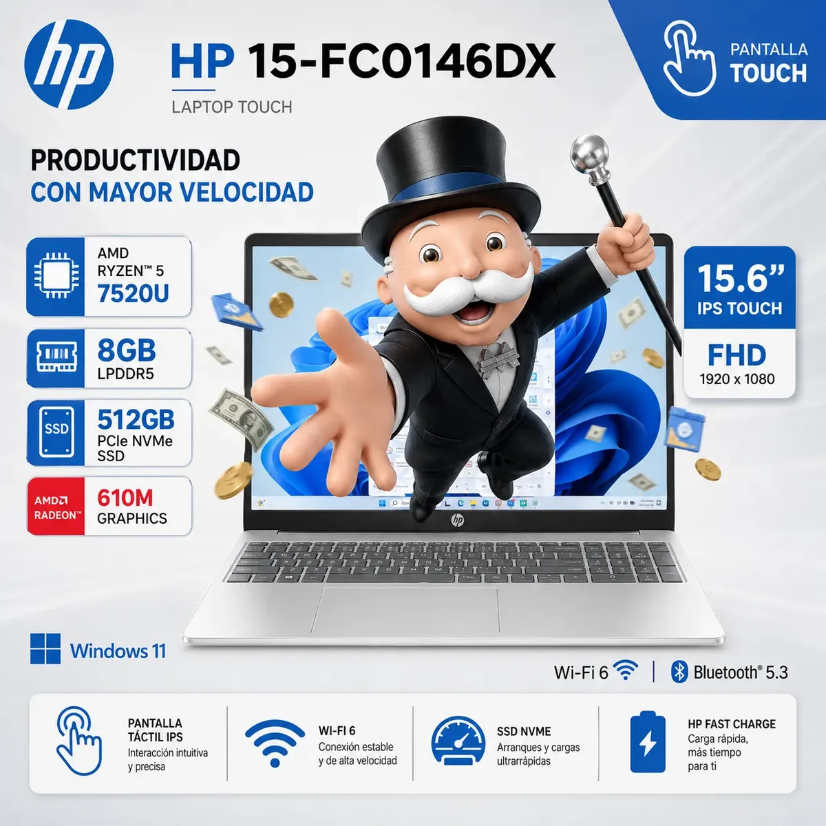 HP - Laptop HP 15 AMD Ryzen 5 7520U 8GB 512GB SSD 15.6" FHD Touch Windows 11 15-FC0146DX