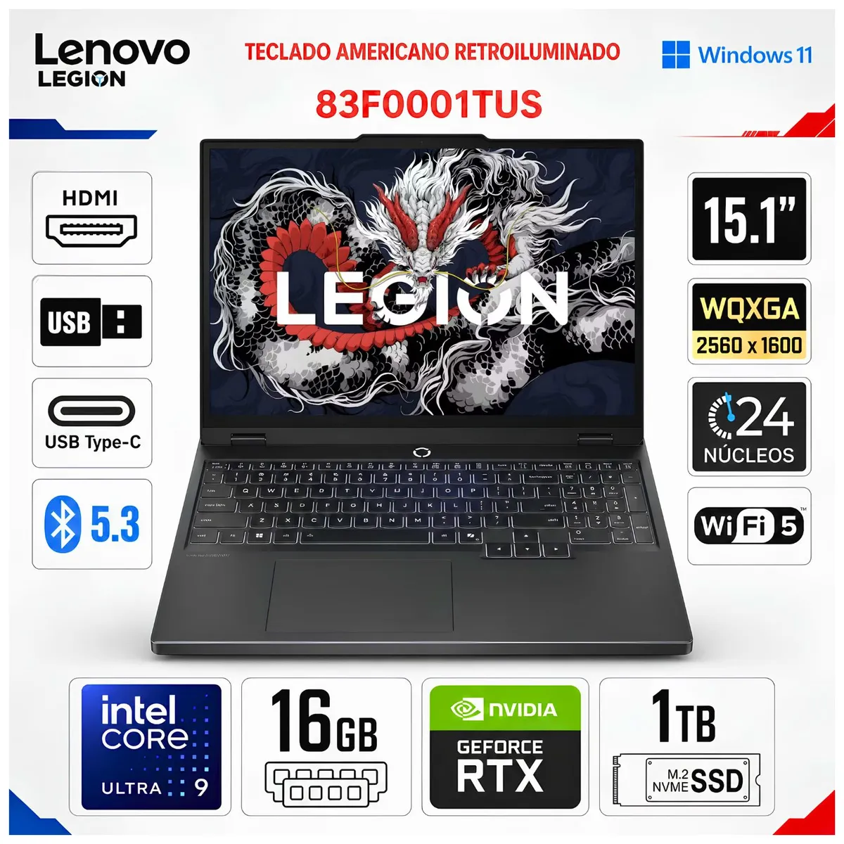 LENOVO - Laptop Lenovo LEGION 5 INTEL CORE ULTRA 9 275HX 16GB 1TB SSD 15.1"WQXGA RTX5070 83F0001TUS