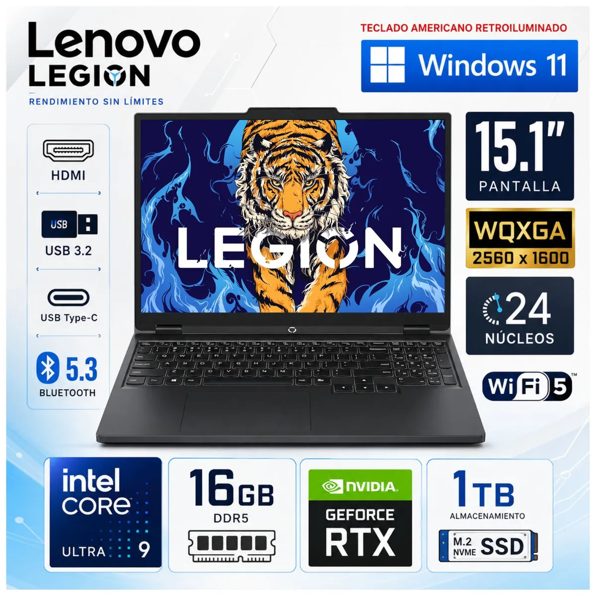 LENOVO - Laptop Lenovo LEGION 5 INTEL CORE ULTRA 9 275HX 16GB 1TB SSD 15.1"WQXGA RTX5070 83F0001TUS