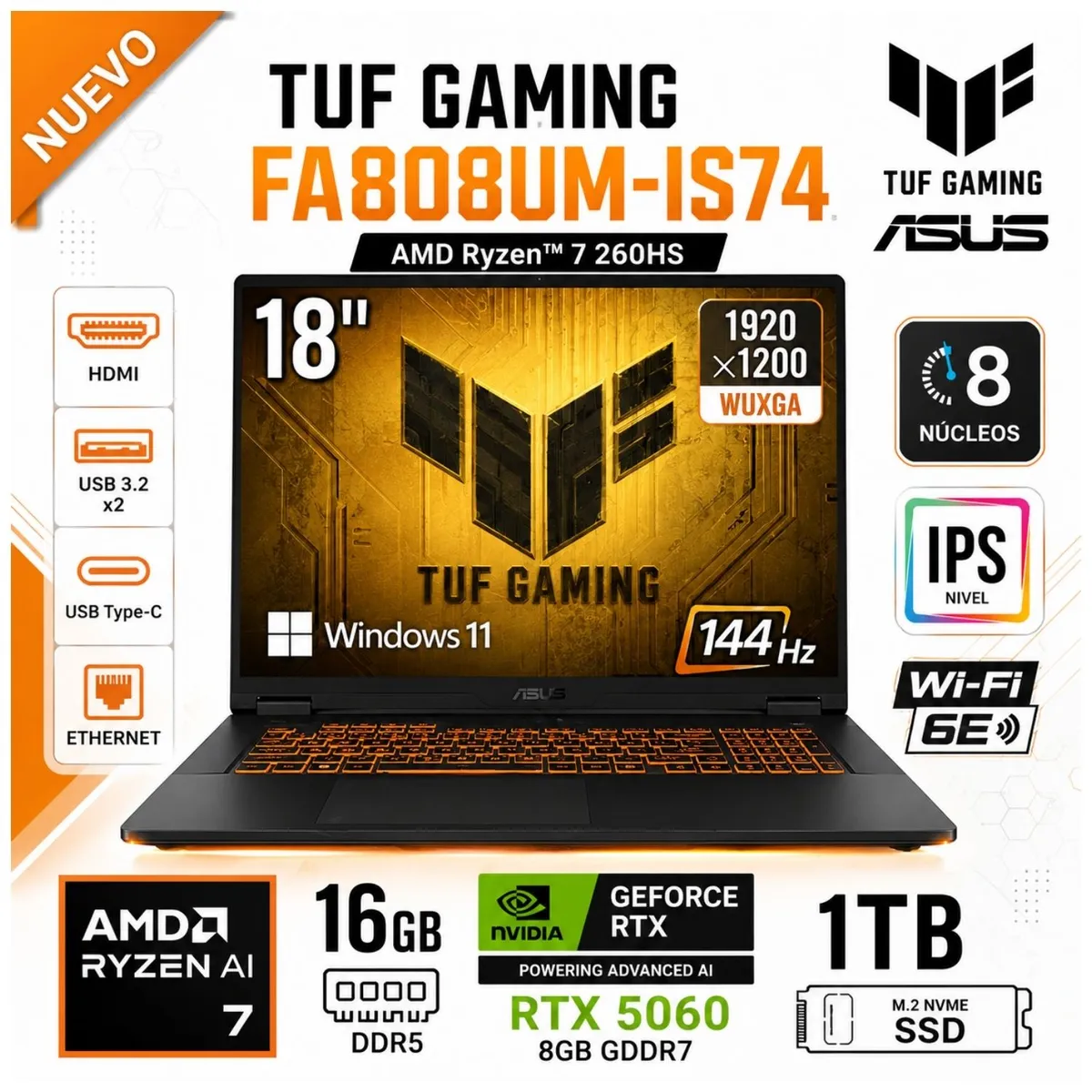 ASUS - Laptop Gamer ASUS TUF 18" FHD+ AMD Ryzen 7 260 16GB 1TB SSD GeForce RTX 5060 WIN 11