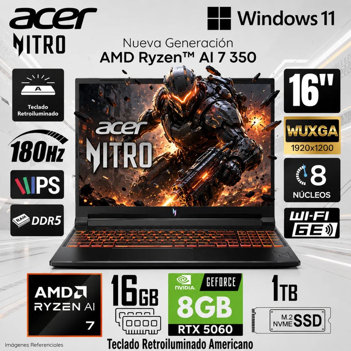 ACER - Laptop Gamer Acer Nitro V16 Ryzen AI 7 16GB 1TB SSD RTX 5060 8GB 16" 180Hz    ANV16-61-R0YW