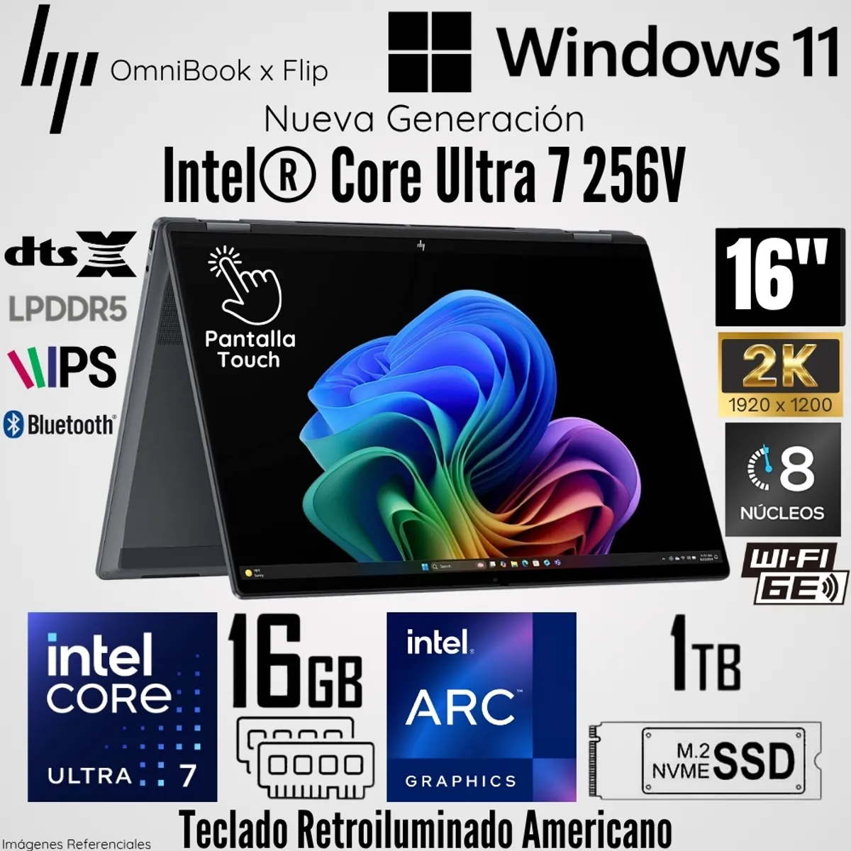 HP - Laptop HP OmniBook X Flip 2 en 1 16-AS0023DX Intel Core Ultra 7 256V 16GB RAM 1TB SSD 16"  2K Táctil