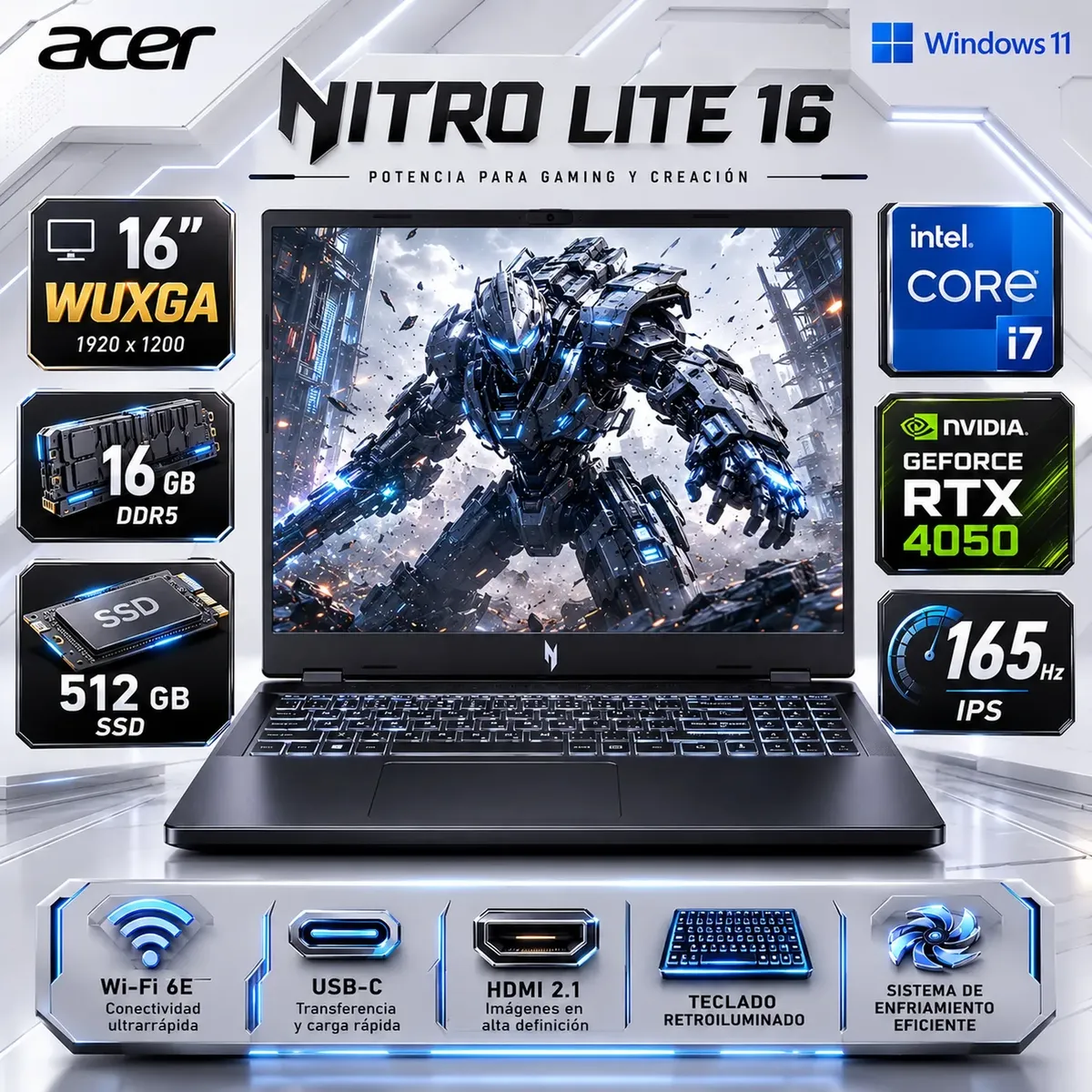 ACER - Laptop Acer Nitro Lite NL16-71G i7-13620H 16GB 512GB RTX4050 16 WUXGA Black