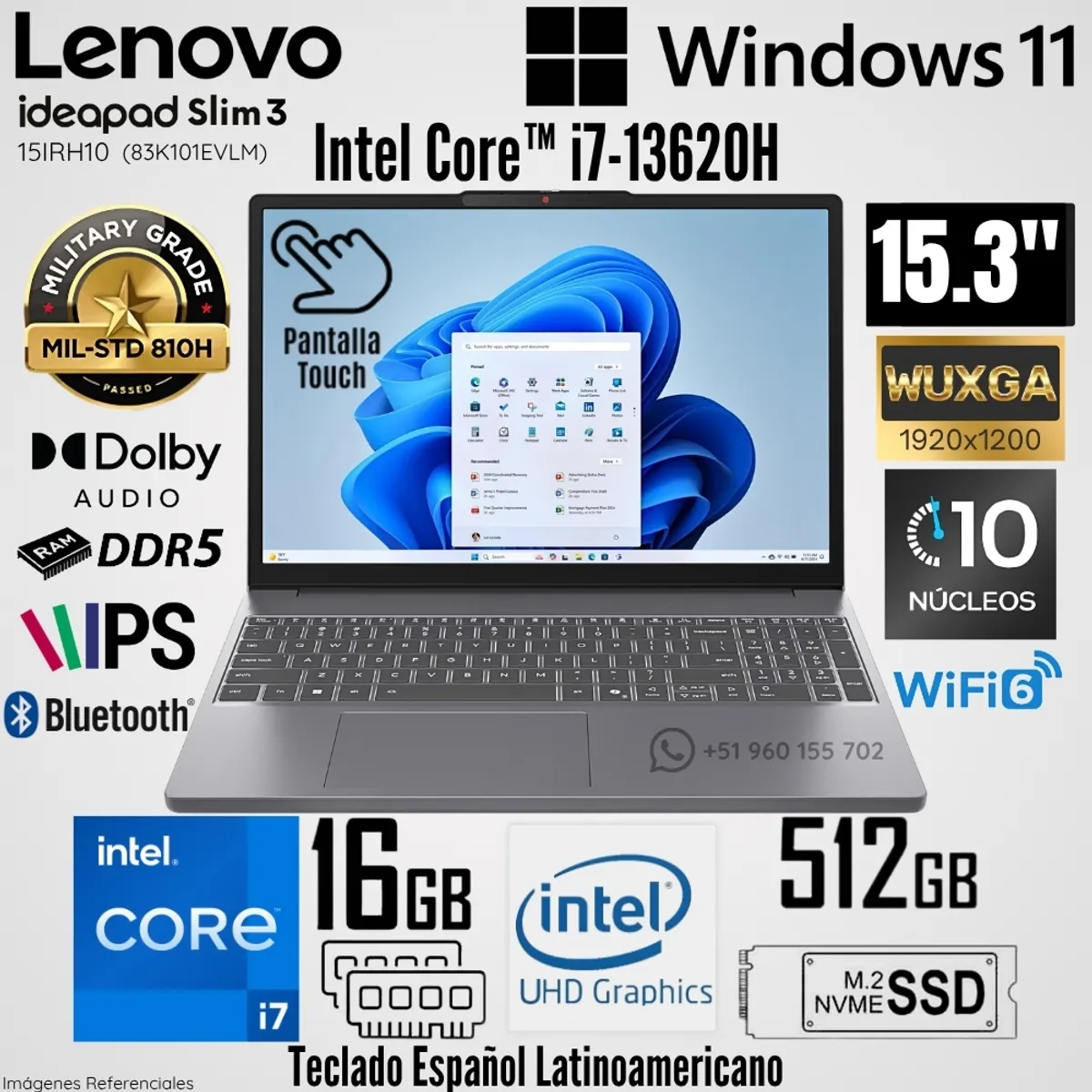 LENOVO - Laptop Lenovo IdeaPad Slim 3 15IRH10 Intel Core i7-13620H 16GB RAM 512GB SSD 15.3"  WUXGA Táctil