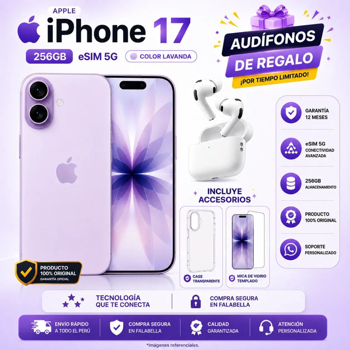 APPLE - APPLE IPHONE 17 256GB ESIM 5G COLOR LAVANDA + REGALO GRATIS + CASE + MICA