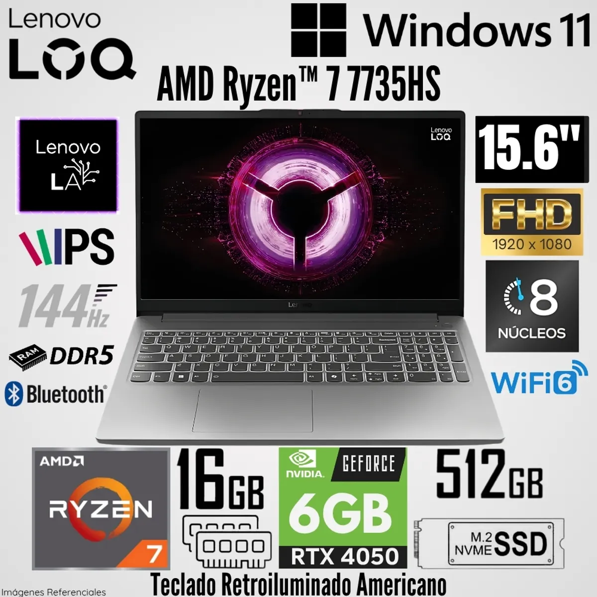 LENOVO - Laptop Lenovo LOQ 15ARP10 AMD Ryzen 7 7735HS 16GB RAM 512GB SSD RTX 4050-6GB 15.6"  FHD 144Hz