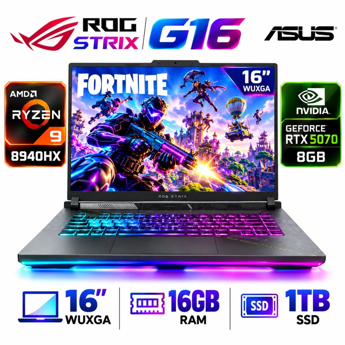 ASUS - Asus ROG Strix G16 ,  Ryzen 9-8940HX, 16GB RAM, 1TB SSD, RTX 5070 8GB, 16″ WUXGA, Windows 11