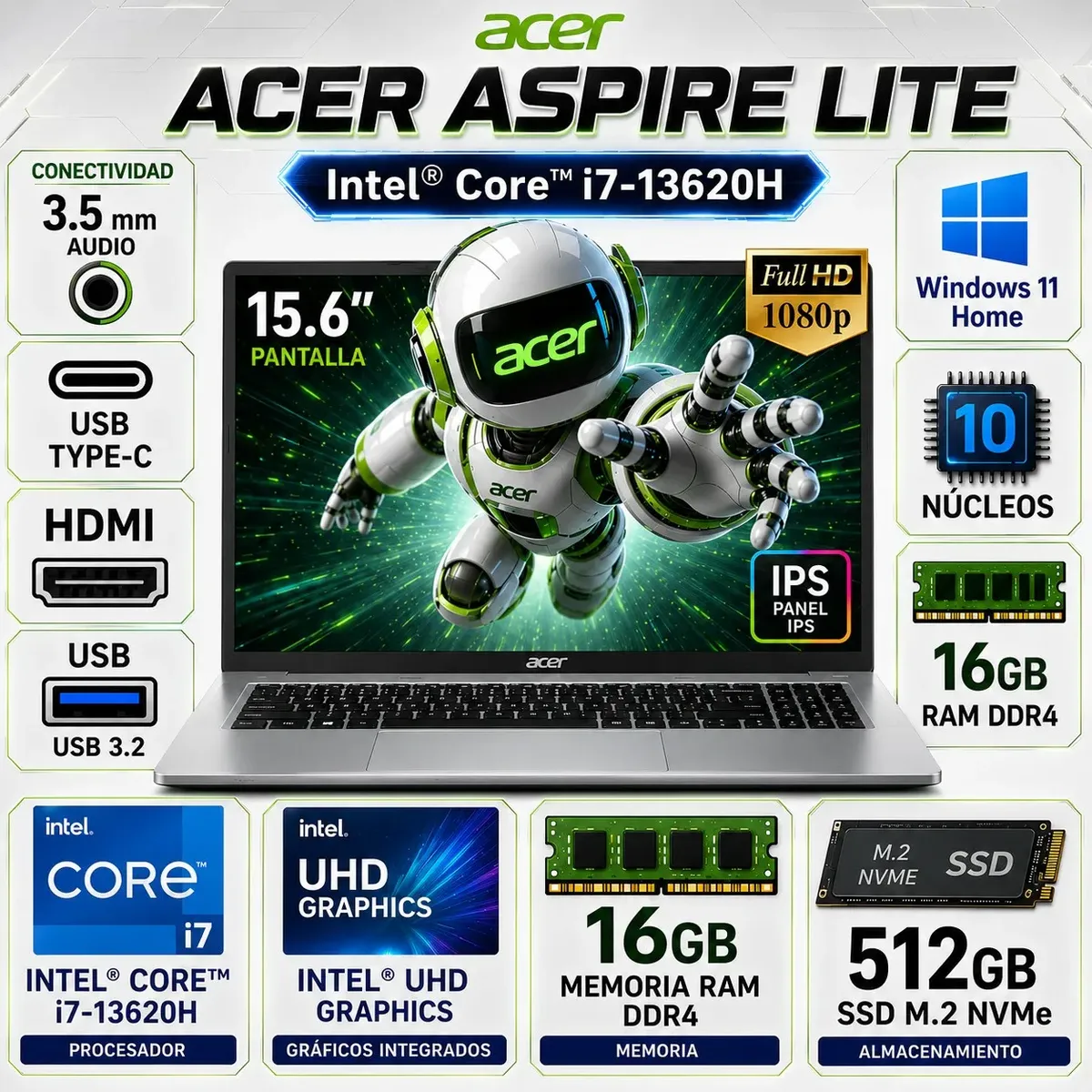 ACER - Laptop Acer AL15-72P-7948 15.6 FHD Intel® Core™ i7-13620H 16GB DDR5 512GB SSD Gráficos Intel® UHD