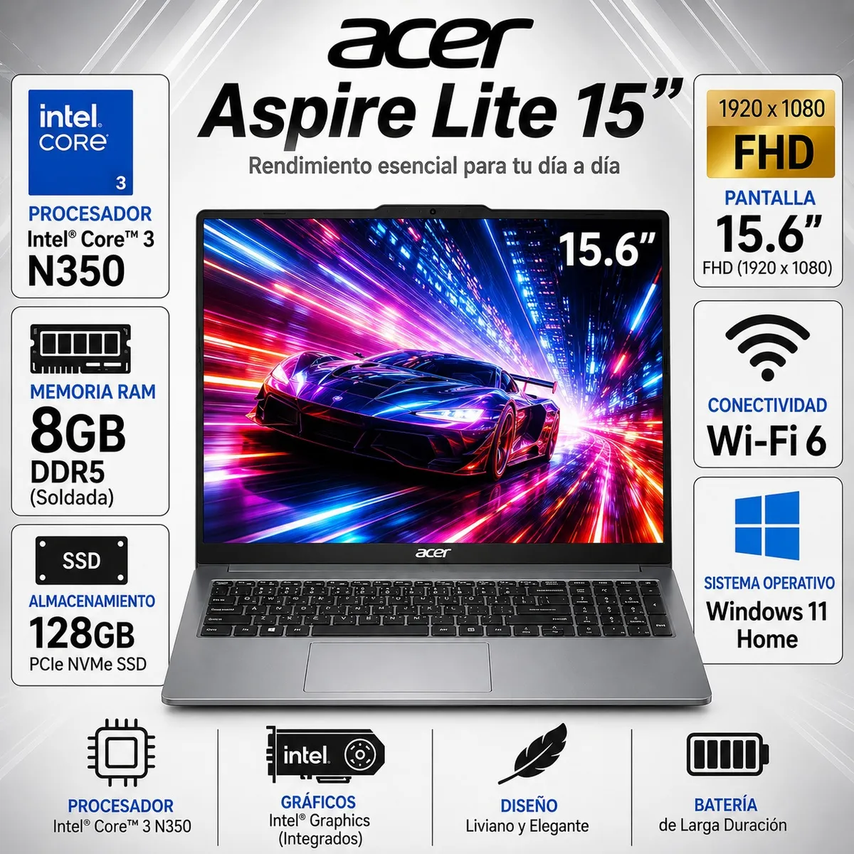 ACER - Laptop Acer  15 Intel Core 3 N350 8GB 128GB SSD 15.6" FHD Windows 11 AL15-36P-32XP