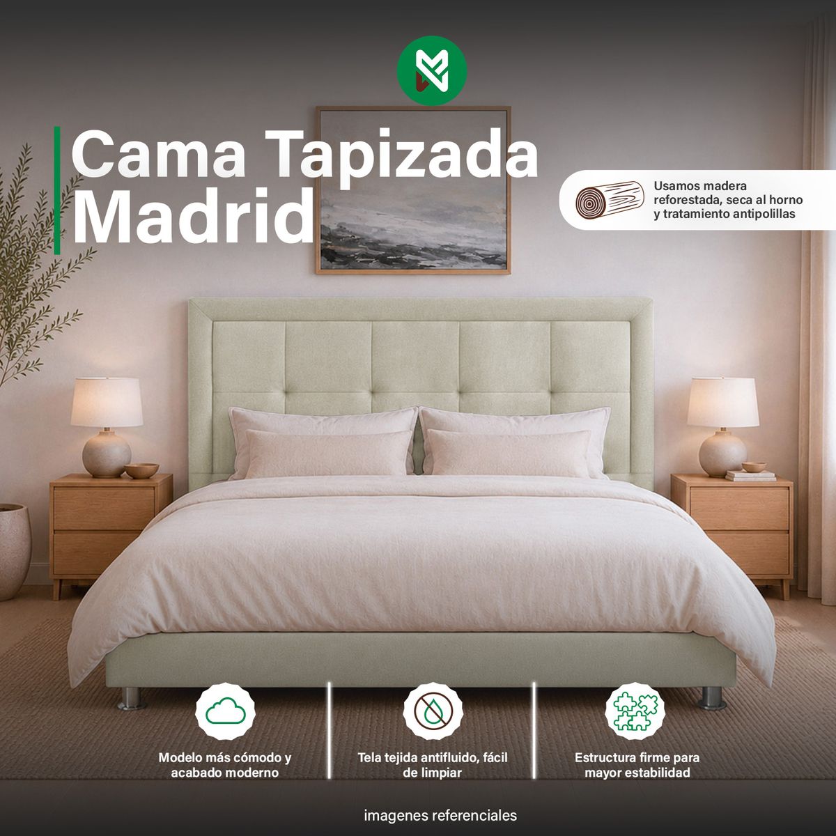 MUEBLES MACRUMO - Cama Tapizada Madrid - 1.5 plz - Beige Claro