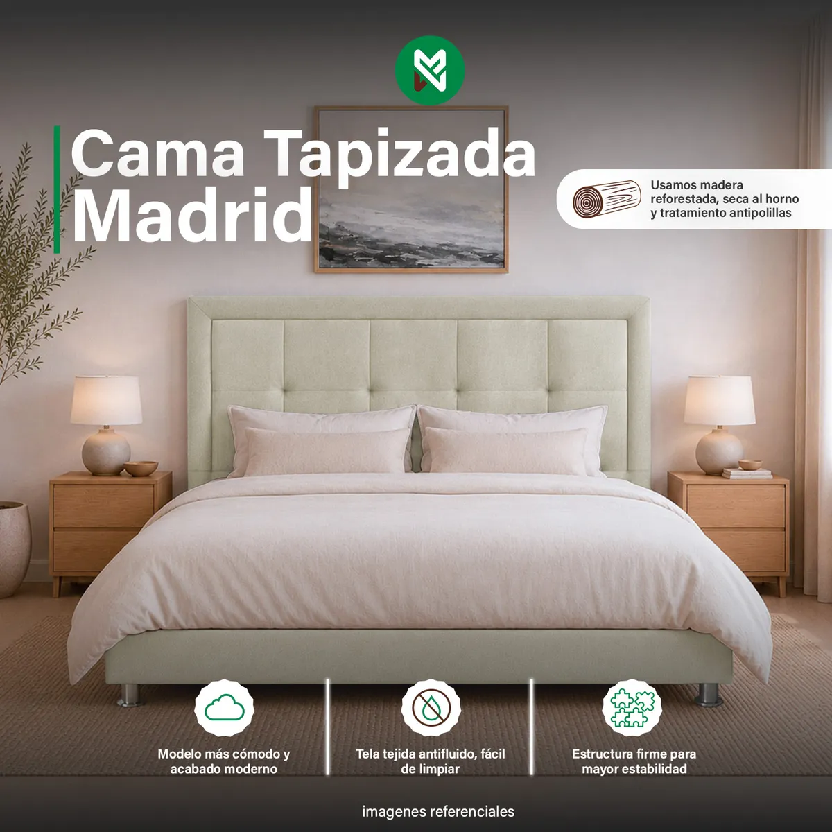 MUEBLES MACRUMO - Cama Tapizada Madrid - 1.5 plz - Beige Claro