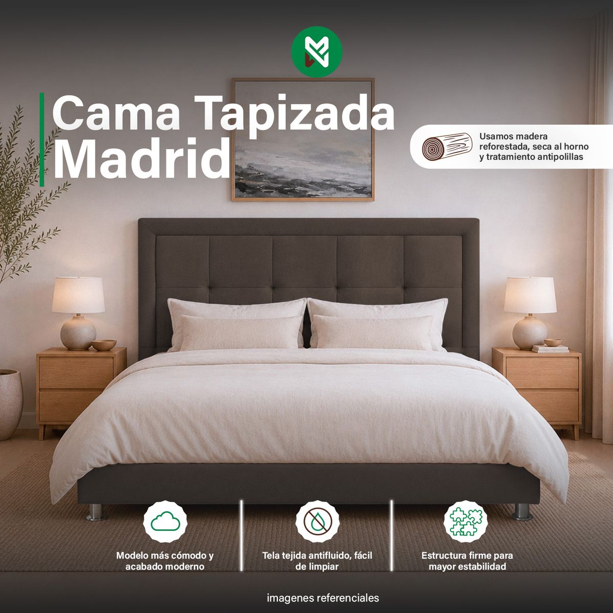 MUEBLES MACRUMO - Cama Tapizada Madrid - King - Marron