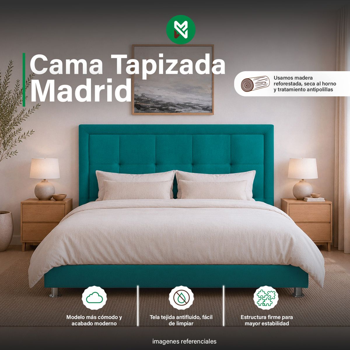 MUEBLES MACRUMO - Cama Tapizada Madrid - King - Turquesa