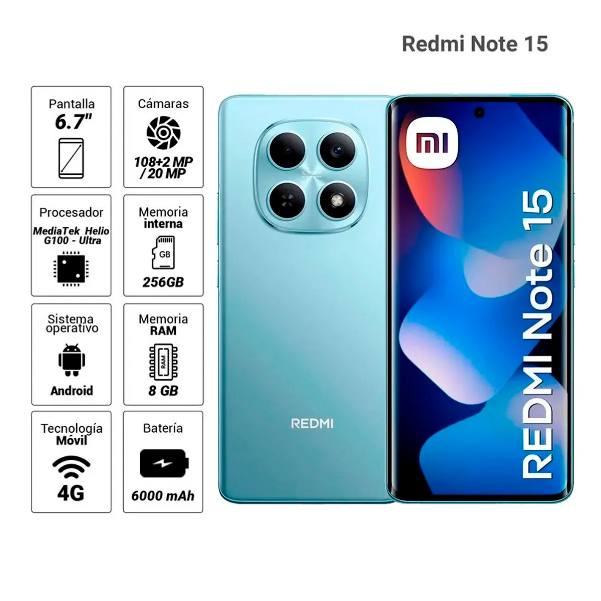Redmi Note 15 4G 8GB 256GB Azul Glaciar, marca XIAOMI - Foto Principal