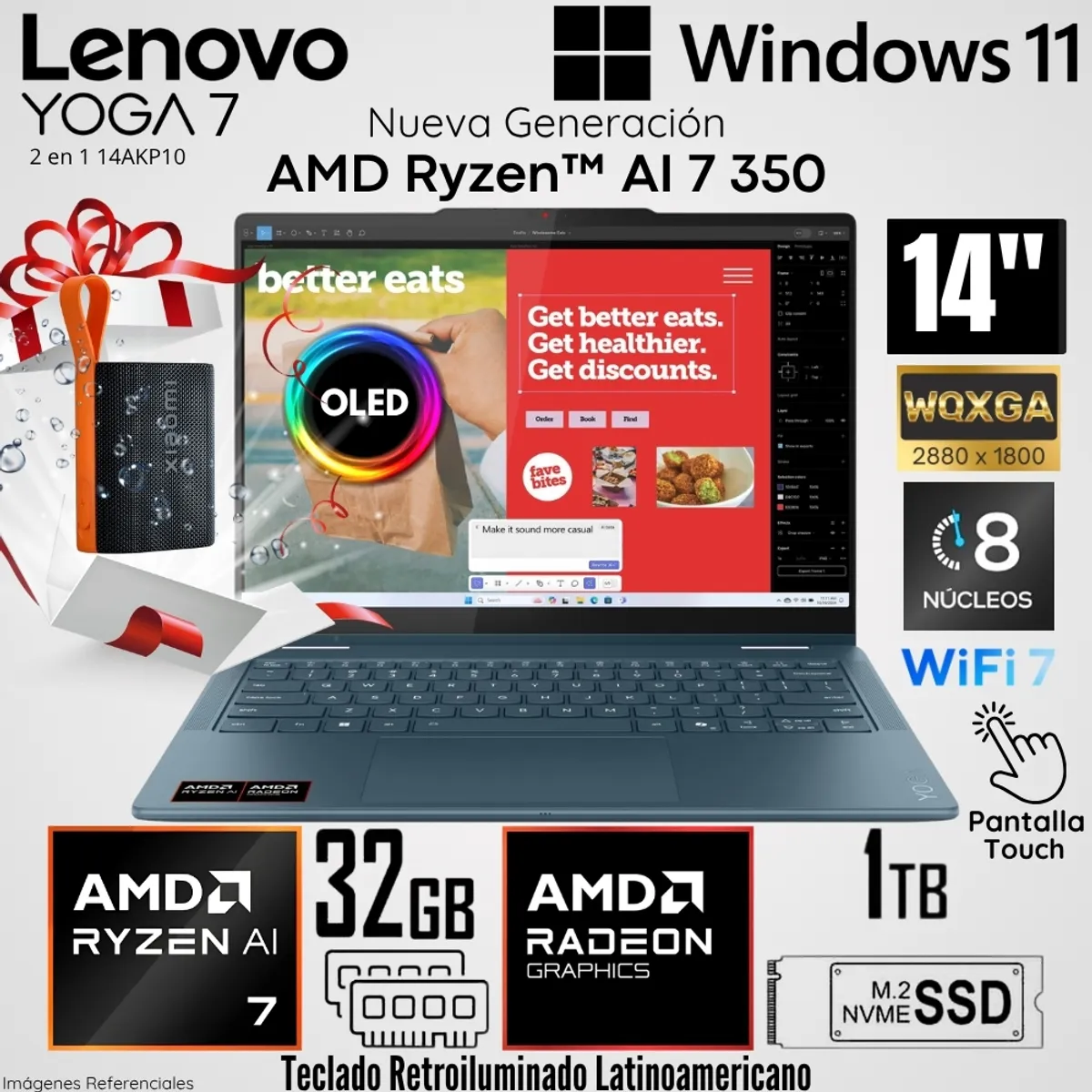 LENOVO - Laptop Lenovo Yoga 7 2 en 1 14AKP10 AMD Ryzen AI 7 350 32GB RAM 1TB SSD 14"  OLED 2.8K TÁCTIL +Regalo