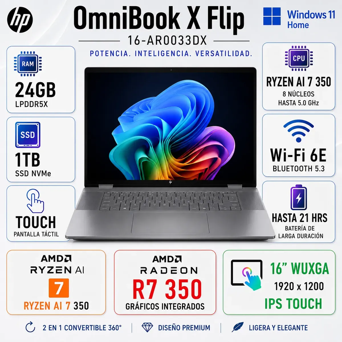 HP - Laptop HP OmniBook X Flip Ryzen AI 7 350 24GB 1TB  16" WUXGA Touch Windows 11 16-AR0033DX         REFUSBISHER