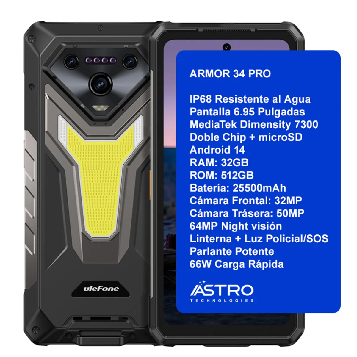 GENERICO - Armor 34 Pro - Celular con Proyector, aguanta Agua y Golpes, Batería 5 días