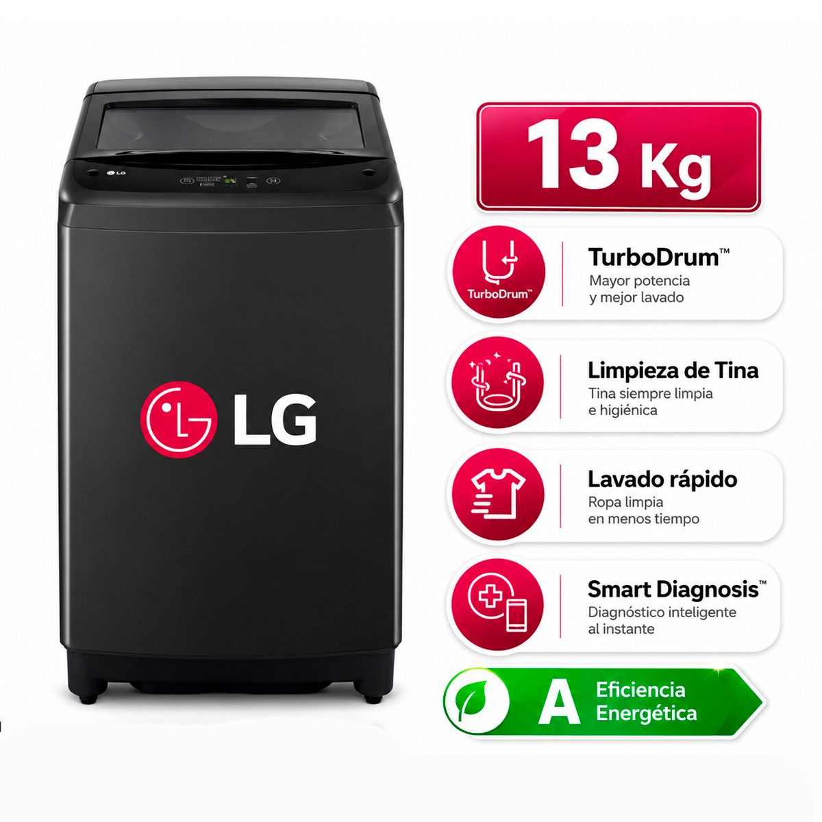 LG - Lavadora LG 13kg, WT130BVTB carga superior con TurboDrum™, Negro