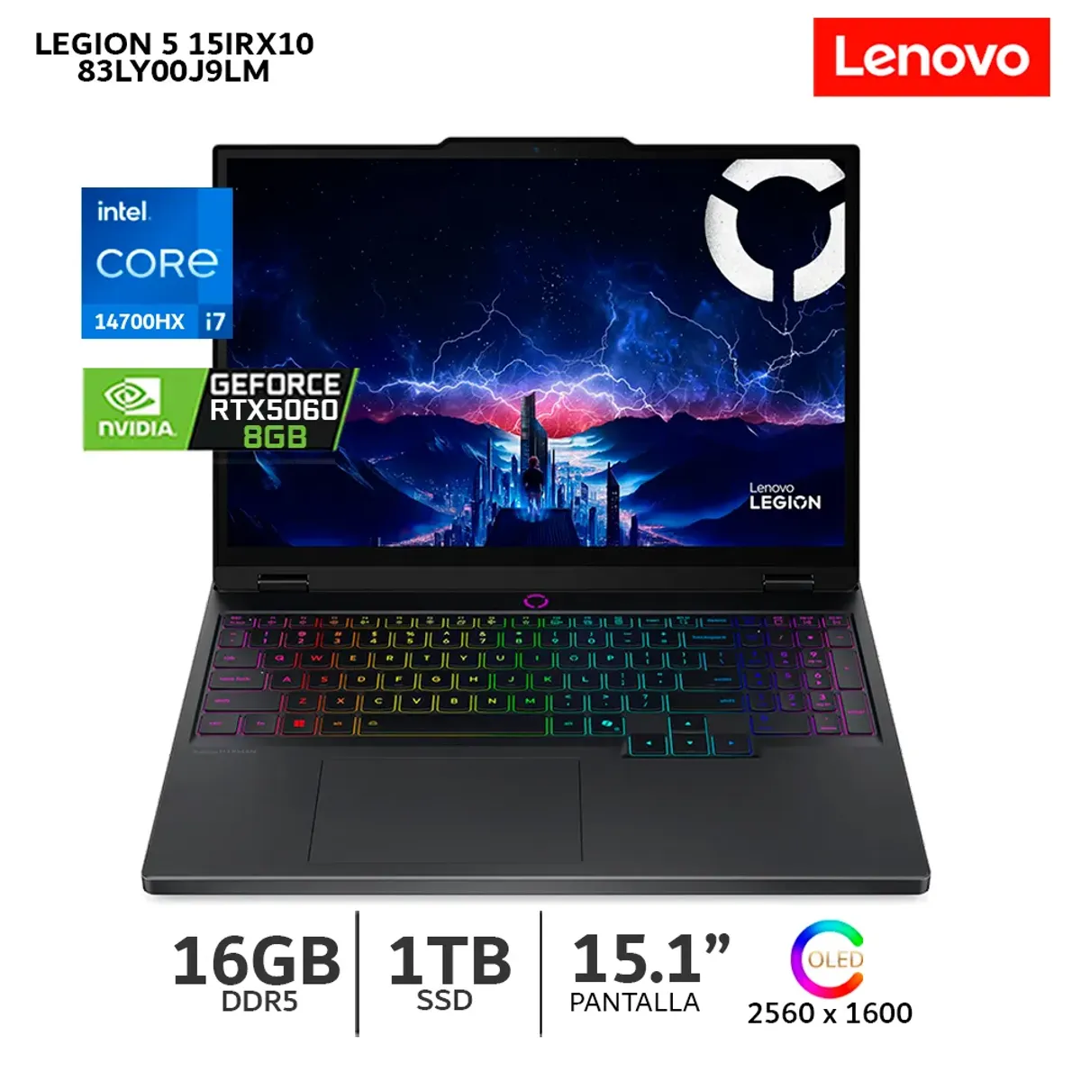LENOVO - Laptop Lenovo Legion 5 15IRX10 Ci7-14700HX 16Gb Ram1Tb SSD 15.1 WQXGA OLED RTX 5060 8Gb-83LY00J9LM.