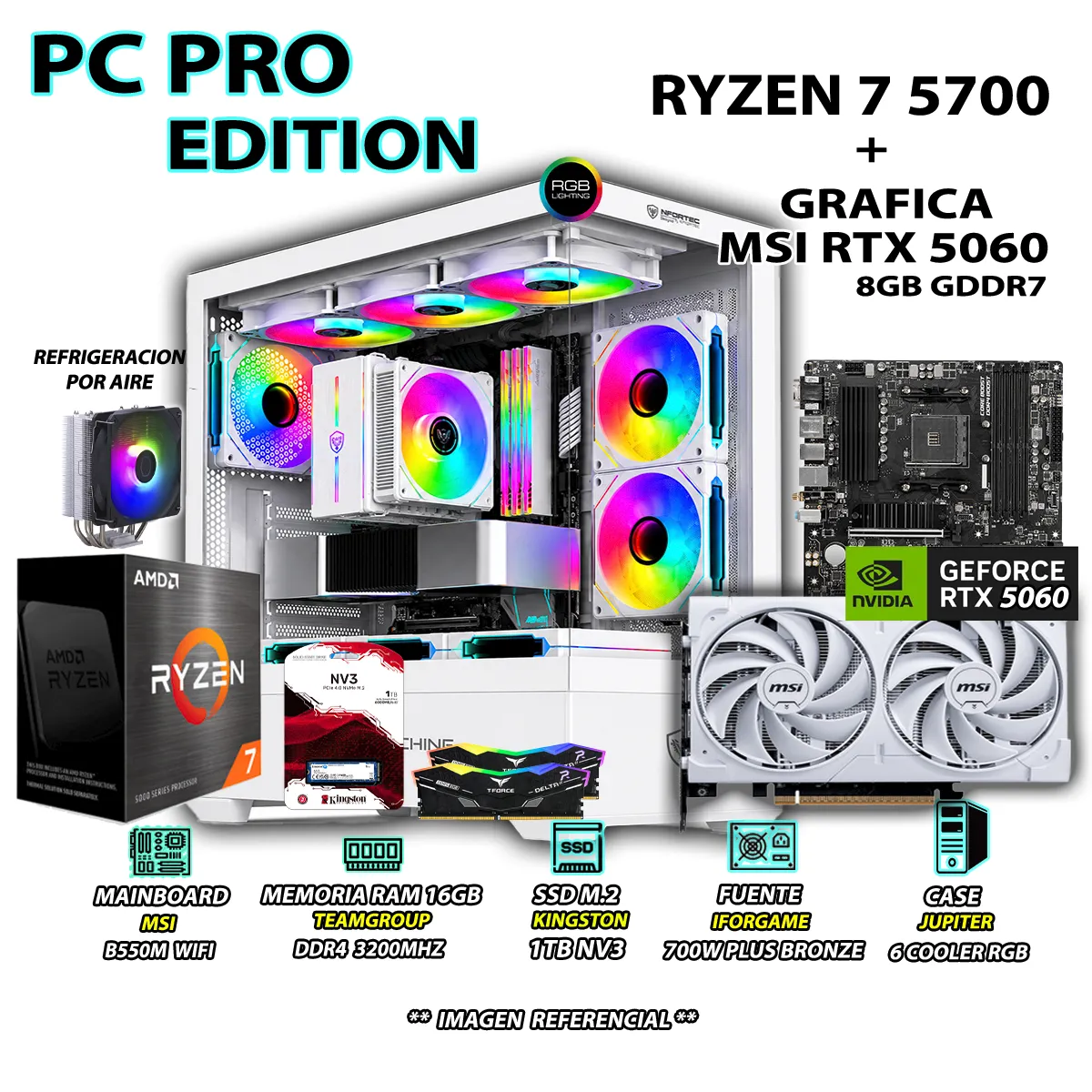 AMD - Computadora PC RYZEN 7 5700 RAM 16GB SSD 1TB GRAFICA RTX 5060 8GB.