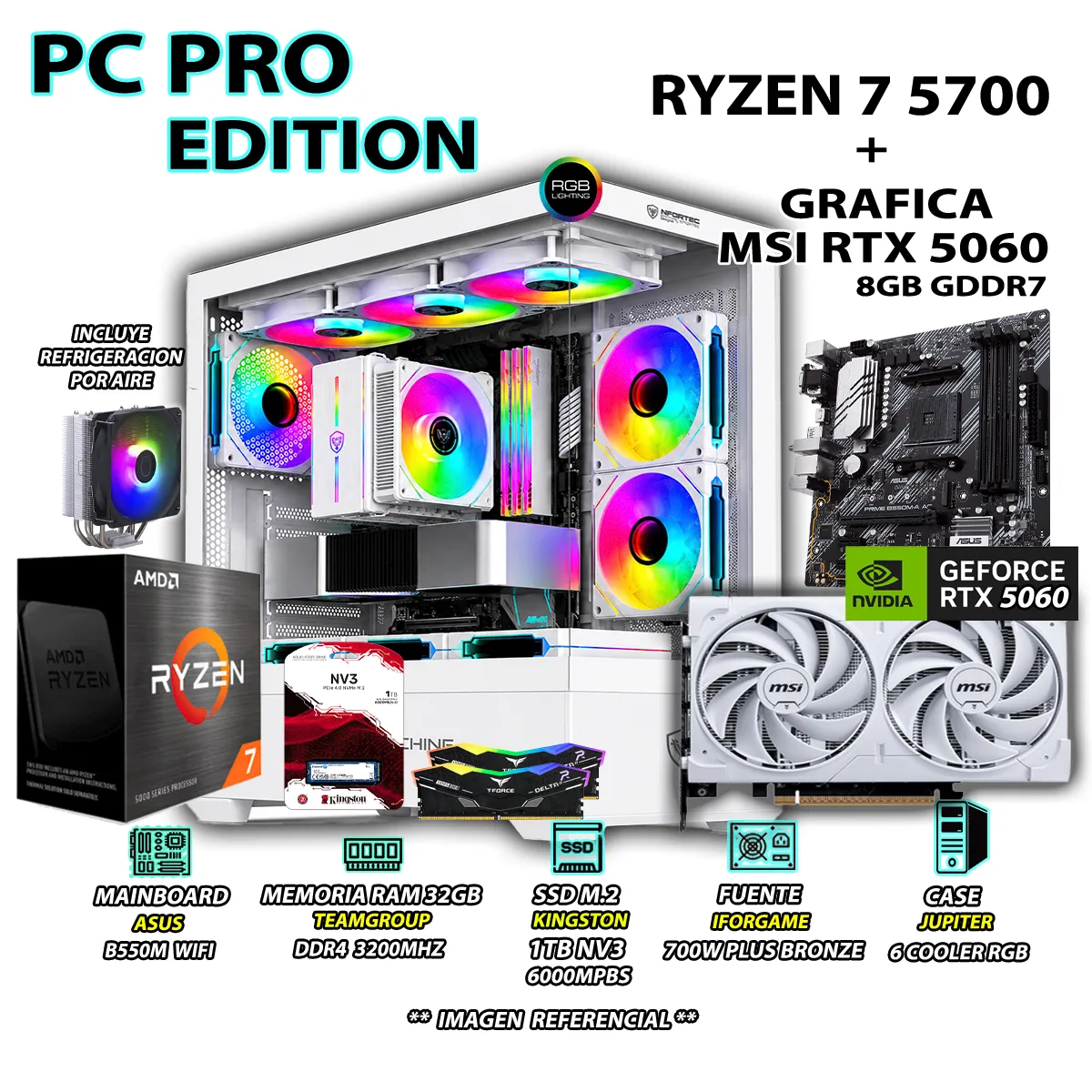 AMD - Computadora PC RYZEN 7 5700 RAM 32GB SSD 1TB GRAFICA RTX 5060 8GB.