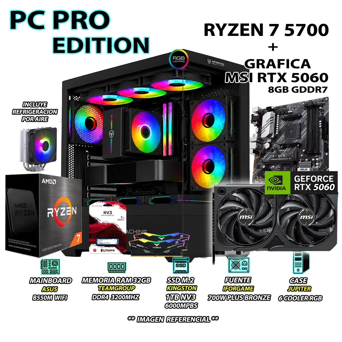 AMD - Computadora PC RYZEN 7 5700 RAM 32GB SSD 1TB GRAFICA RTX 5060 8GB.