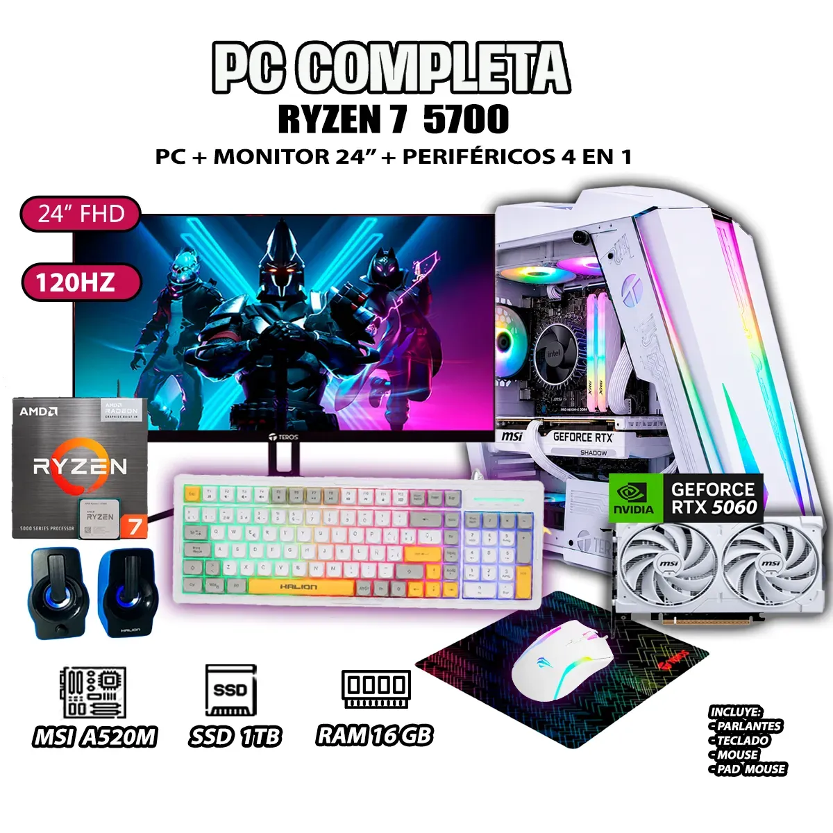 AMD - Computadora PC RYZEN 7 5700 RAM 16GB SSD 1TB GRAFICA RTX 5060 8GB.