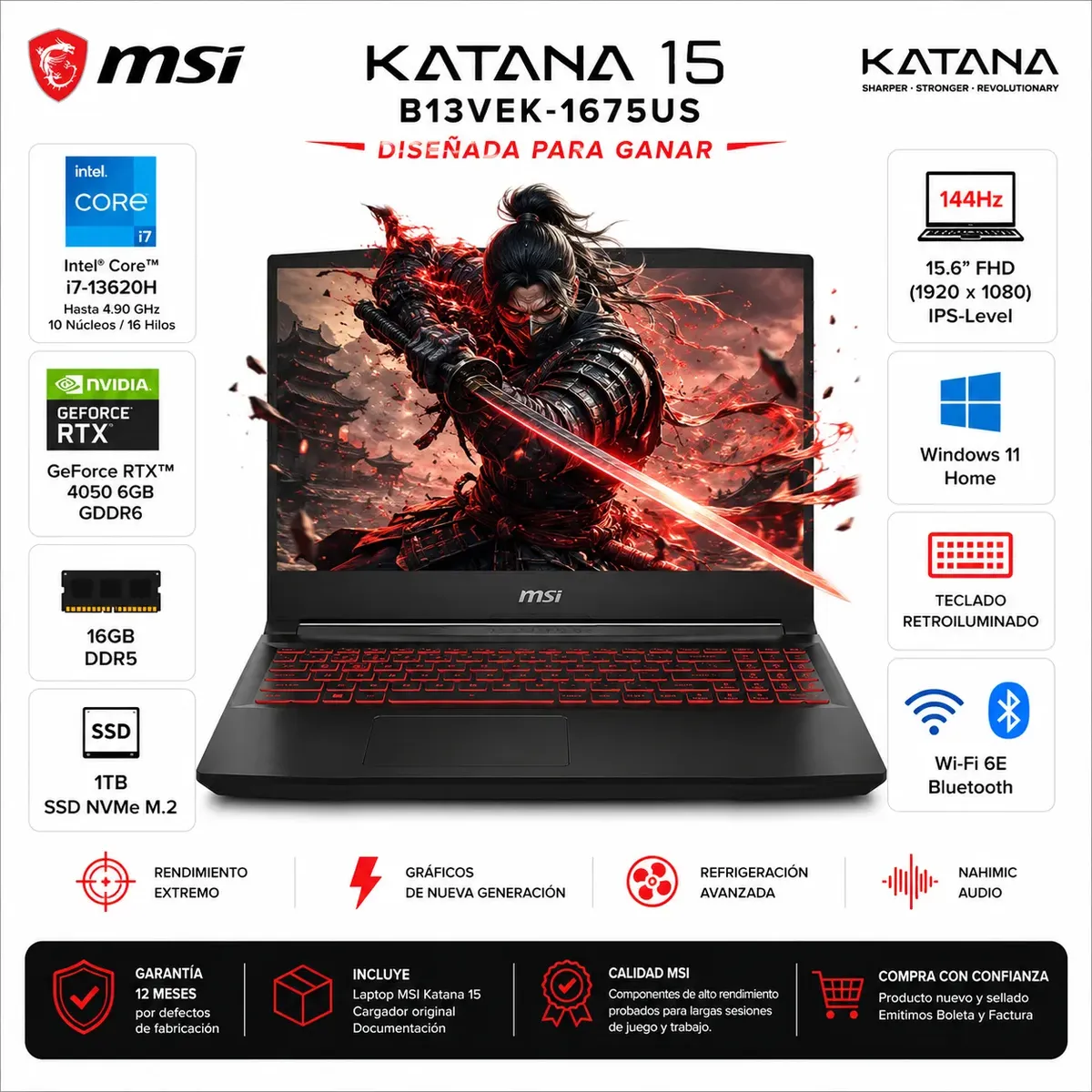Msi - Laptop MSI Katana 15 B13VEK-1675US Ci7-13620H 16GB RAM 1TB SSD RTX 4050 6GB 15.6" FHD W11H