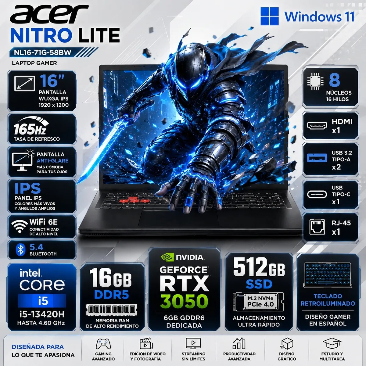 ACER - LAPTOP GAMER ACER NITRO LITE INTEL CORE I5 13420H 16GB RAM 512GB  RTX 3050 6GB 16"  NL16-71G-58BW
